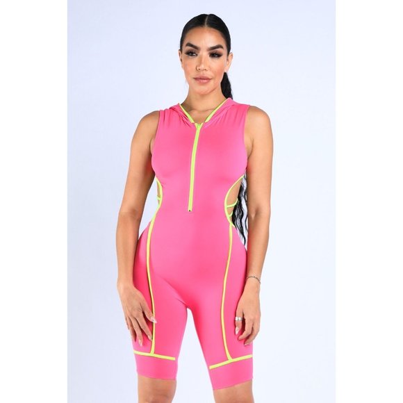 Women's Sleeveless Semi Zip-Up Spaghetti Line Hoodie Romper S M L Fuchsia - Picture 12 of 12
